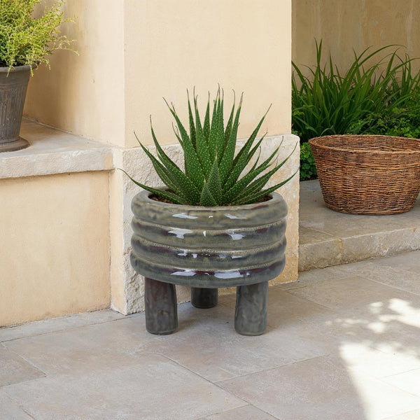 English Elm Garden Glazed Ceramic Planter Ribbed Sculptural Design for Patio or Indoor Tabletop B056P416939