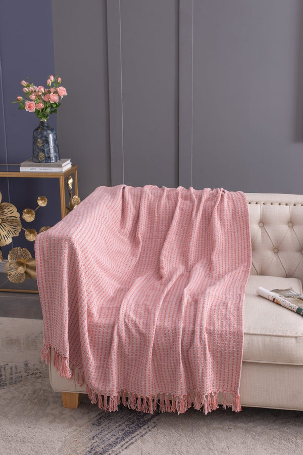 English Elm 50X60" Decorative Pink Cotton Throw Blanket Set With Tassels - Stylish, Soft, And Versatile Comfort! W2078P345504