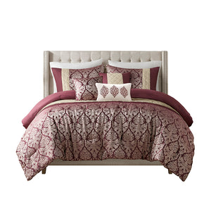 JLA Home Madison Park - 6 Jacquard Comforter Set Luxury Damask Embroidered Mink Accents Hypoallergenic Durable Easy Care Plum MP10-8408