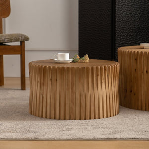 English Elm Vintage Cylindrical Nesting Coffee Table Set, Textured Embossed Wood Accent Tables for Living Room Natural W757P195740