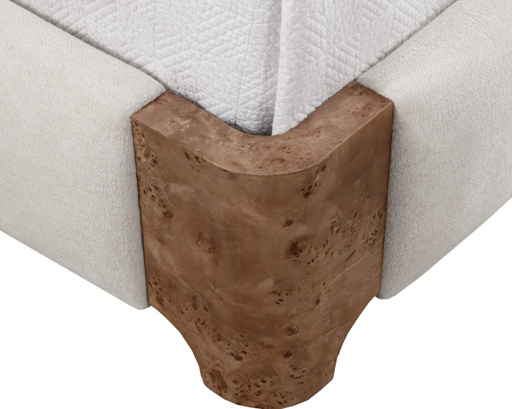 Sunpan KNOWLES Bed - King Size in Eclipse White - Elegant Curved Design with Unique Maple Burl Accents 112131