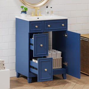 English Elm 24-Inch Bathroom Vanity Cabinet with Ceramic Sink, Space-Saving Storage, Solid Wood Feet, Durable Finish Blue WF532034AAC