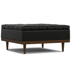 English Elm Mariah Upholstered Lift-Top Storage Ottoman with Split Top, Tufted Vegan Leather, Walnut Base (37.4") Black B136P252686