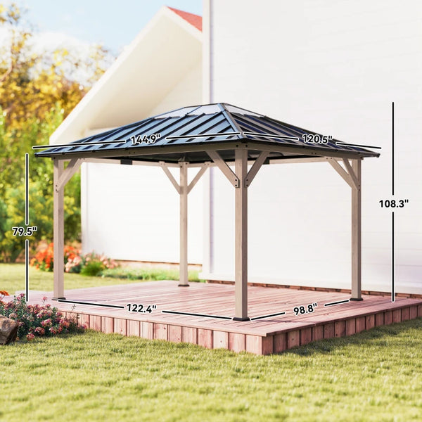 English Elm Spacious Hardtop Outdoor Gazebo Fir Wood Frame Steel Roof with Natural Light Panel T3971S00192