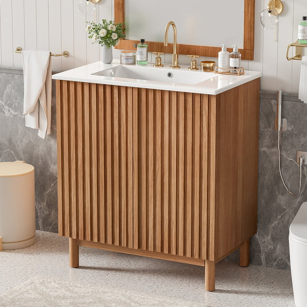 English Elm 29.9-inch Transitional Bathroom Vanity with Ceramic Sink Soft-close Doors Wood Legs N729P339777O