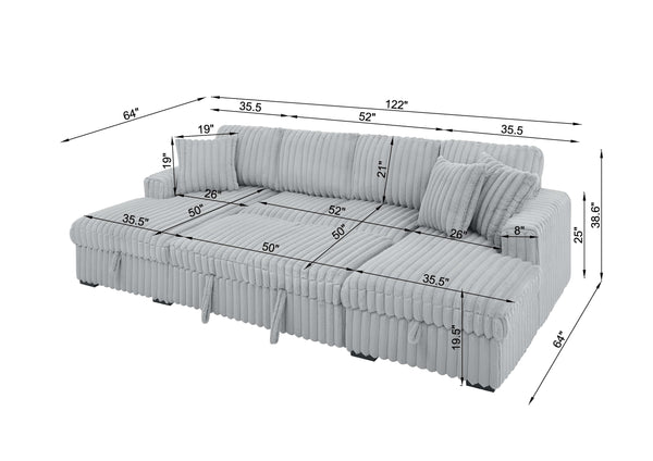 English Elm U U Shaped Sleeper Sofa with Pull-Out Bed and Hidden Chaise Storage, Plush Corduroy Comfort Grey W1417S00077