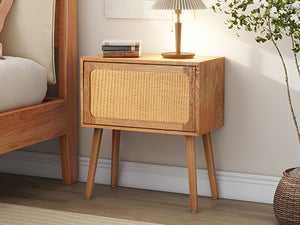 English Elm Rotating Rattan Nightstand Push Open Hidden Storage Mid Century Wood Leg Bedside Natural N761P288451M