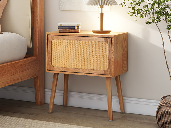 English Elm Rotating Rattan Nightstand Push Open Hidden Storage Mid Century Wood Leg Bedside Natural N761P288451M