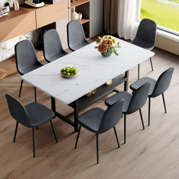 English Elm Table & 8 Dark Gray Chairs Set - 71X35.4" Black Grain Dining Table With Storage & Minimalist Design W1151S04264-GIGA