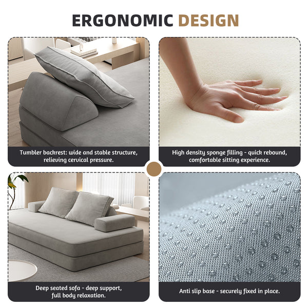 English Elm 86.6"Multifunctional Folding Sofa Bed with Chaise, Fluffy Chenille, Removable Backs & Pillows, Deep Seat Lounge LIGHT GREY W3219P340666