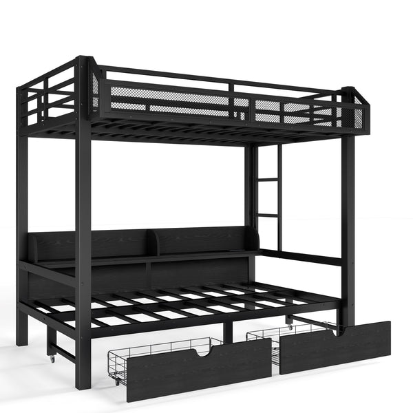 English Elm Twin Over Metal Bunk Bed with Led Lights Usb Ports Drawers and Sofa Conversion W5305S00002