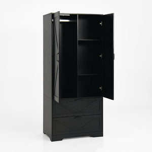English Elm 2 Door Wardrobe Closet with Full Length Mirror Motion Light Hanging Rod and Drawers Black W409P266778