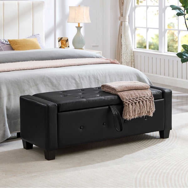 English Elm 48" Storage Ottoman Bench with Tufted Faux Leather Upholstery, Solid Wood Frame & 300lb Capacity Black W1097P338776