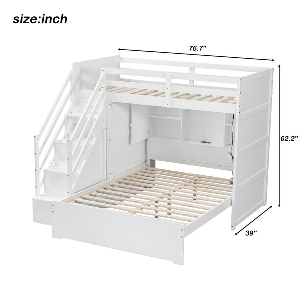English Elm Twin Over Full Bunk Bed with Wardrobe Storage Stairs Shelves and Usb Charging White LT000292AAK