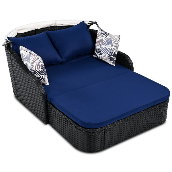 English Elm GO Outdoor Sun Bed with Adjustable Canopy, Durable PE Rattan Double Lounger, Zippered Cushions and Pillows for Easy Care and 500lb Capacity Black+Blue FG201223AAN