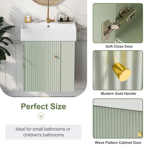 English Elm 21.6 inch Modern Floating Bathroom Vanity with Ceramic Basin, Wave Door, Rose Gold Handle Green N729P170388F