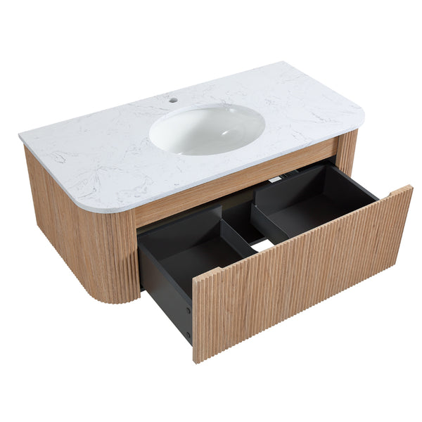 English Elm Arcora Floating Wall Vanity with Carrara Marble Top Ceramic Sink and Soft Close Drawer W3235S00009