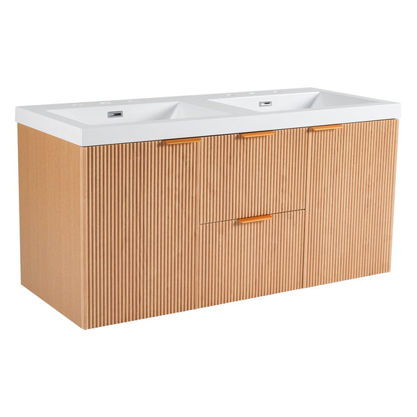 English Elm [video]47.24 Inch Floating Double Sink Vanity Mdf Cabinet Gold Handles Modern Bath N729P000025N