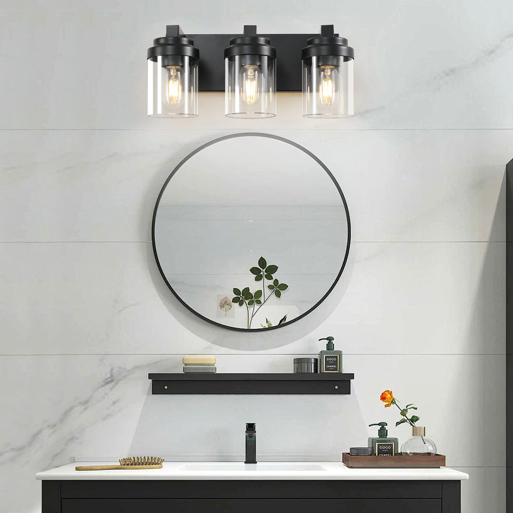 English Elm 3 Light Matte Black Vanity Light with Clear Glass Shades, Farmhouse Waterproof LED Fixture for Bathroom Hallway Vanity Mirror W2312P389977
