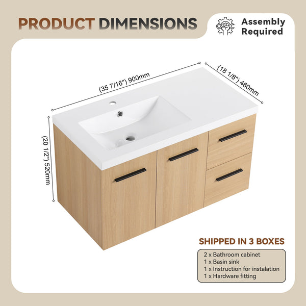 English Elm 36" Floating Bathroom Vanity Light Oak Finish Modular Cabinet with Gel Coat Sink Top W3450S00078