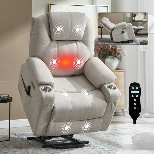 English Elm Up to 350 Lbs Chenille Power Lift Recliner with Massage Heating and Usb Charging Ports Beige W3224S00027