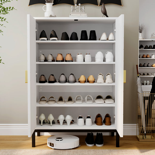 English Elm Wooden Entryway Shoe Cabinet with Diamond Flip Doors Gold Pulls and Metal Legs T5618P448345