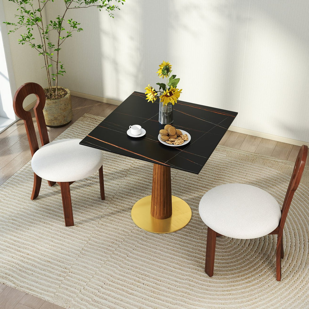 English Elm Modern Square Dining Table, 33.5" Sintered Stone Top With Elegant Wooden Legs & Gold Base, Ideal For Small Spaces And Two-Person Dining W1535S00570