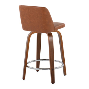 English Elm 24" Mid-century Swivel Barstools Walnut Tapered Legs Faux Leather Seat Chrome Footrest Set Camel B202S00132