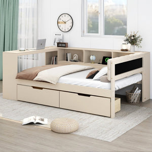 English Elm Wood Full Size Platform Bed With Upholstered Headboard, Storage Drawers, And Usb Charging Station GX002108AAC-1-GIGA
