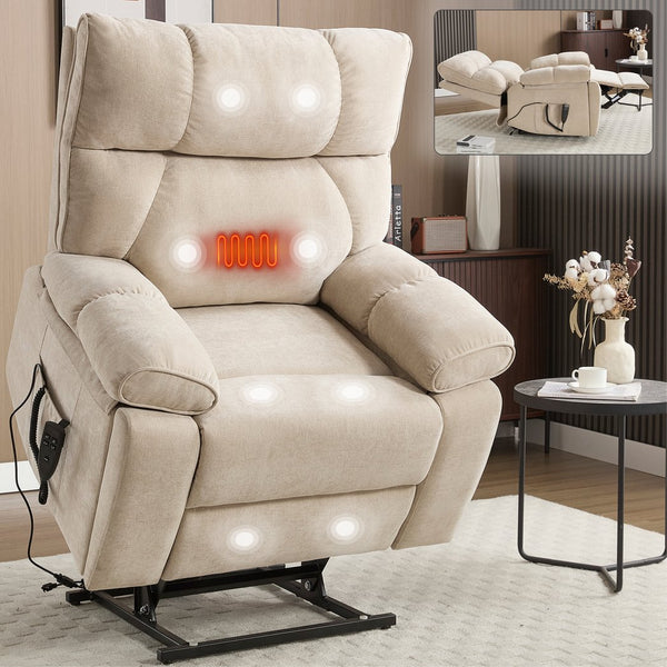 English Elm Beige Chenille Power Lift Recliner Dual Motor Massage Heat 350 Lb Capacity Beige W1803P264021