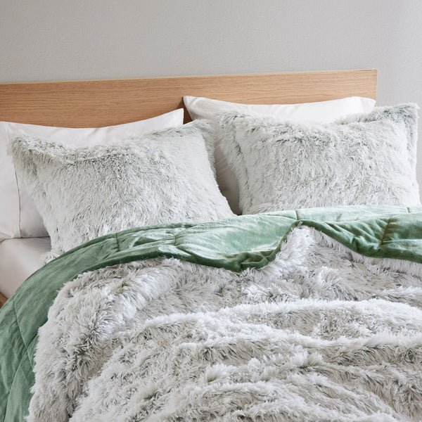 JLA Home Intelligent Design - Shaggy cloud-like faux fur comforter mini set with plush reverse for cozy warmth and modern style Green/White ID10-2437