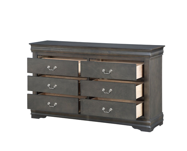 English Elm Louis Philippe Six Drawer Dresser with Brushed Nickel Hardware and Classic Curved Molding Dark Gray B2726P252748