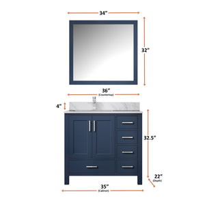 English Elm Navy Bath Vanity 36" W x 22" D with Left Carrara Marble Top, Chrome Faucet, 34" Mirror, Durable Finish B2731S01268