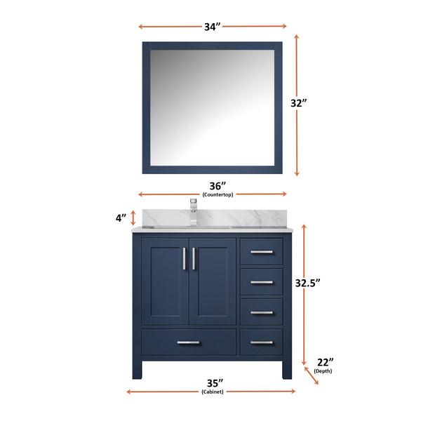 English Elm Navy Bath Vanity 36" W x 22" D with Left Carrara Marble Top, Chrome Faucet, 34" Mirror, Durable Finish B2731S01268