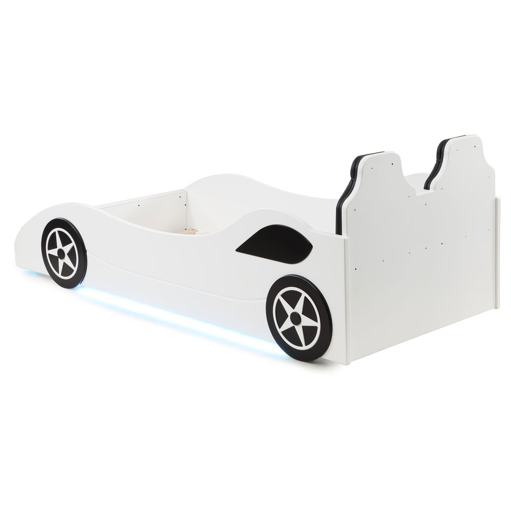 English Elm Solana Race Car Twin Bed with LED Underglow Lights, Padded Headboard, White Wood, Playful Design B062S01109
