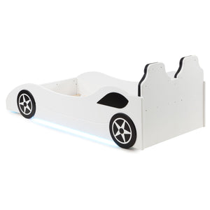 English Elm Solana Race Car Twin Bed with LED Underglow Lights, Padded Headboard, White Wood, Playful Design B062S01109