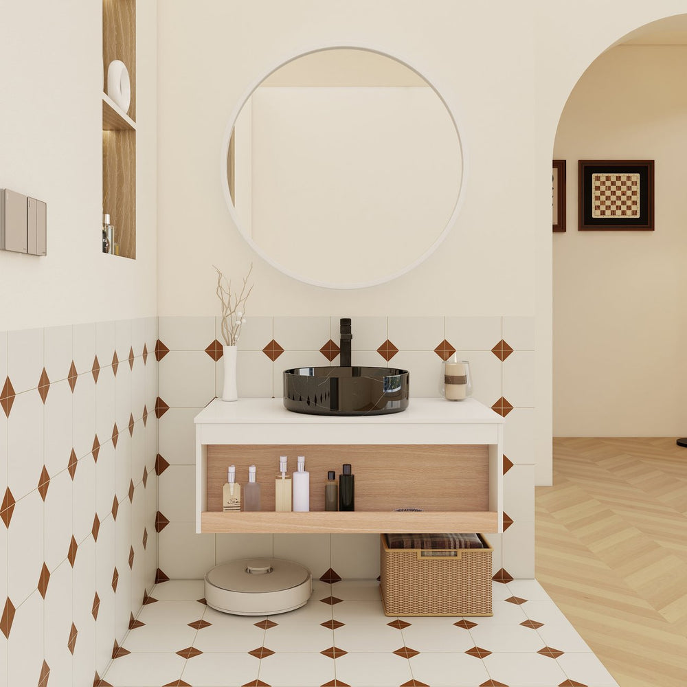 English Elm 36" Floating Bathroom Vanity Light Oak Modular Cabinet with Gel Coat Integrated Sink White + Light Oak,White+Black W3450S00065