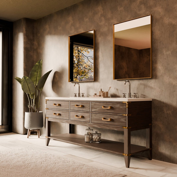 English Elm Brown Oak Double Bath Vanity Set With White Quartz Top, Faucets & Mirrors – Elegant Storage Solution B2731S01897