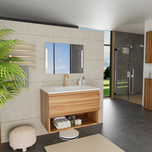 English Elm 30 Inch Floating Bathroom Vanity Fluted Wood Grain Front with Ceramic Integrated Sink W3520S00042