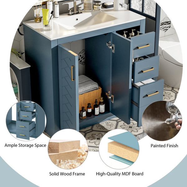 English Elm 36'' Bathroom Vanity with Ceramic Sink Combo Solid Wood Frame Soft-Closing Drawers Ample Storage Elegance Indigo N710P243327M
