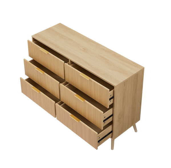 English Elm Bedroom Dresser - Stylish 6-Drawer Wavy Front Storage Chest In Natural Finish For Modern Spaces W1162P190403
