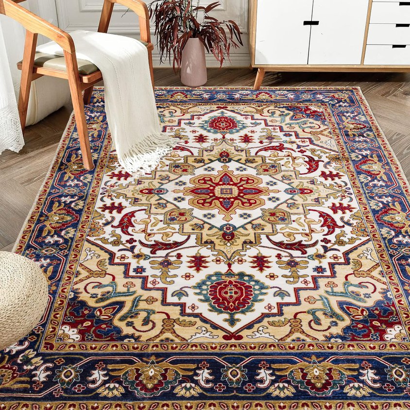 English Elm Area Rug 5X7 Vintage Bohemian Floral Design In Blue/Gold - Non-Slip, Washable & Durable For Homes W2907P265026