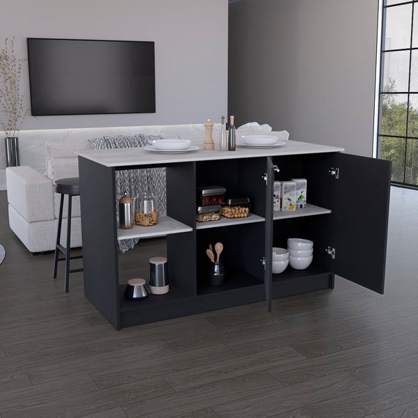 English Elm Kitchen Island With Spacious Countertop, Open Shelves & Double Door Storage - Modern Black/Onyx Design B097S00184