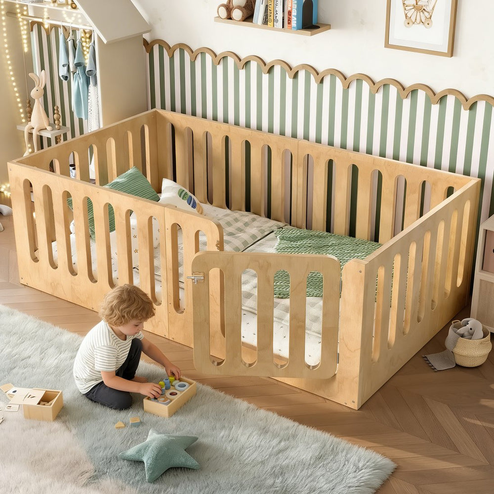 English Elm Twin Solid Pine Montessori Floor Bed with House Frame Door and Safety Fence Natural W5305P420633