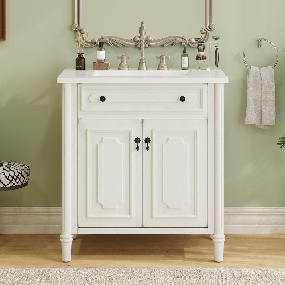 English Elm Christopher Knight Home® - 30 Inches Vintage Bathroom Vanity With Sink, Rustic Faux Aged Finish, Soft Close Doors & Storage Shelf N817P299472W