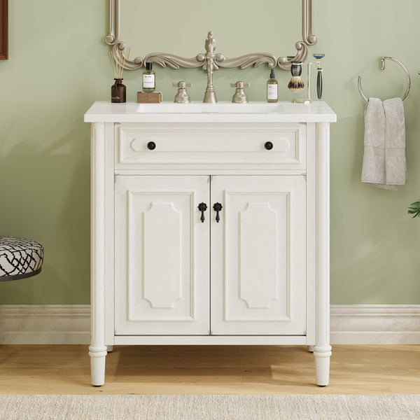 English Elm Christopher Knight Home® - 30 Inches Vintage Bathroom Vanity With Sink, Rustic Faux Aged Finish, Soft Close Doors & Storage Shelf N817P299472W