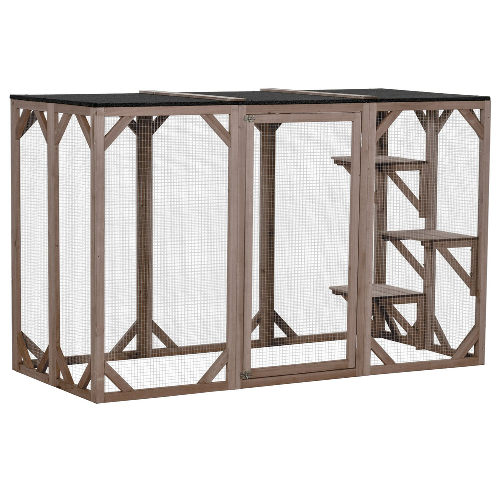 English Elm Pawhut Wooden Outdoor Catio Enclosure with Mesh Walls Climbing Platforms Asphalt Roof W2225P173771