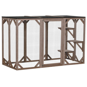 English Elm Pawhut Wooden Outdoor Catio Enclosure with Mesh Walls Climbing Platforms Asphalt Roof W2225P173771