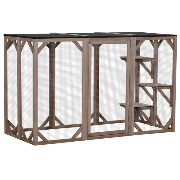 English Elm Pawhut Wooden Outdoor Catio Enclosure with Mesh Walls Climbing Platforms Asphalt Roof W2225P173771