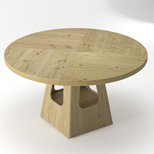 English Elm Round Farmhouse Dining Table 47 Inch Wooden Top with Lower Storage Shelf Seats Six Natural W757P367148